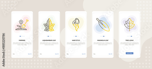 onboarding screen template for nature mobile app ui with farming, liquidambar leaf, hair style, magnolia leaf, tree leave icons.