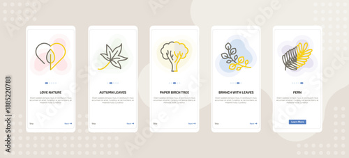 onboarding screen template for nature mobile app ui with love nature, autumn leaves, paper birch tree, branch with leaves, fern icons.