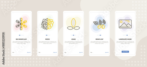 Konstfotografi onboarding screen template for nature mobile app ui with big snowflake, roses, asian, briar leaf, landscape inside frame icons