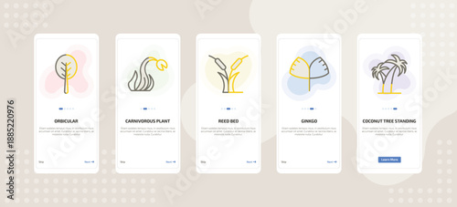 onboarding screen template for nature mobile app ui with orbicular, carnivorous plant, reed bed, ginkgo, coconut tree standing icons.