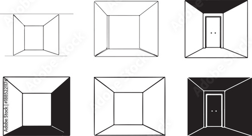 Perspective drawings of rooms with various shading techniques applied