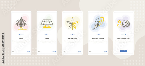 onboarding screen template for nature mobile app ui with yucca, solar, palmatelly, natural energy, pine tree on fire icons.