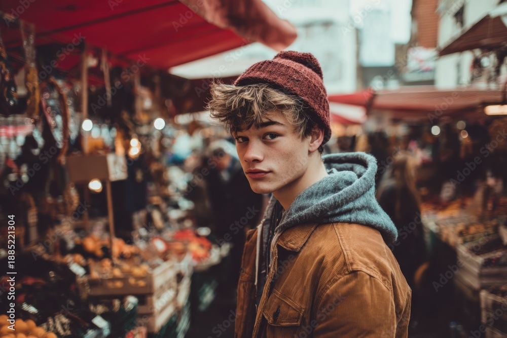 Obraz premium Young man explores vibrant outdoor market filled with fresh produce and local goods on a sunny day