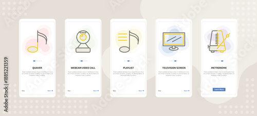 onboarding screen template for music mobile app ui with quaver, webcam video call, playlist, television screen off, metronome icons.