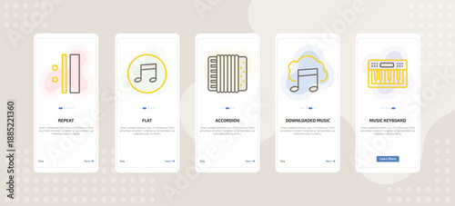 onboarding screen template for music mobile app ui with repeat, flat, accordion, downloaded music cloud, music keyboard icons.