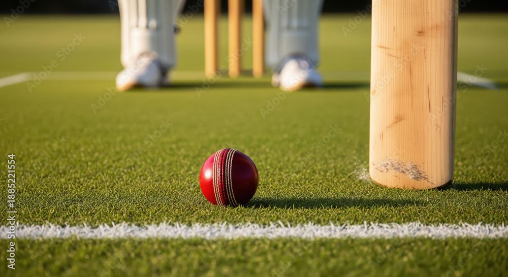 Obraz premium Red Cricket Ball and Bat on Green Field with Stumps