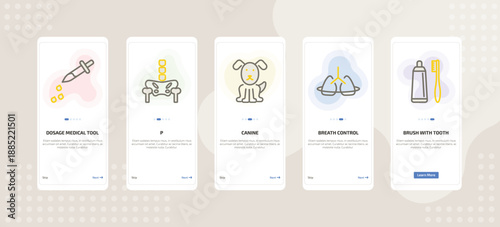 onboarding screen template for medical mobile app ui with dosage medical tool, p, canine, breath control, brush with tooth paste icons.