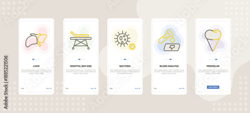 onboarding screen template for medical mobile app ui with liver, hospital bed side view, bacteria, blood analysis, premolar icons.