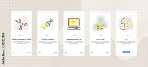 onboarding screen template for medical mobile app ui with opened medical scissors, medical chain of dna, heart rate monitor, pelvic area, pill icons.
