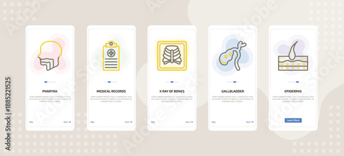 onboarding screen template for medical mobile app ui with pharynx, medical records, x ray of bones, gallbladder, epidermis icons.