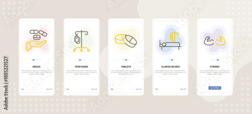 onboarding screen template for medical mobile app ui with drugs, perfusion, tablets, illness on bed, strong icons.
