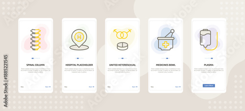 onboarding screen template for medical mobile app ui with spinal column, hospital placeholder, united heterosexual, medicines bowl, plasma icons.