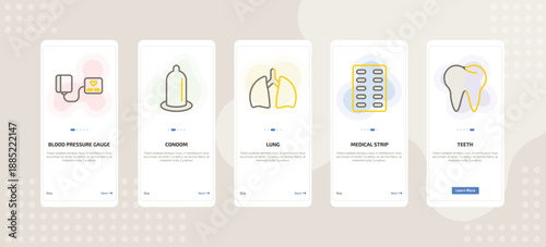 onboarding screen template for medical mobile app ui with blood pressure gauge, condom, lung, medical strip, teeth icons.