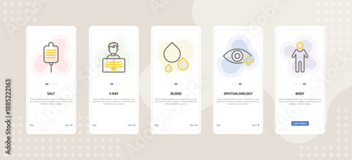onboarding screen template for medical mobile app ui with salt, x ray, blood, ophthalmology, body icons.