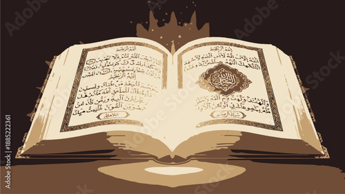 Ancient Quran Book Illustration with Arabic Text