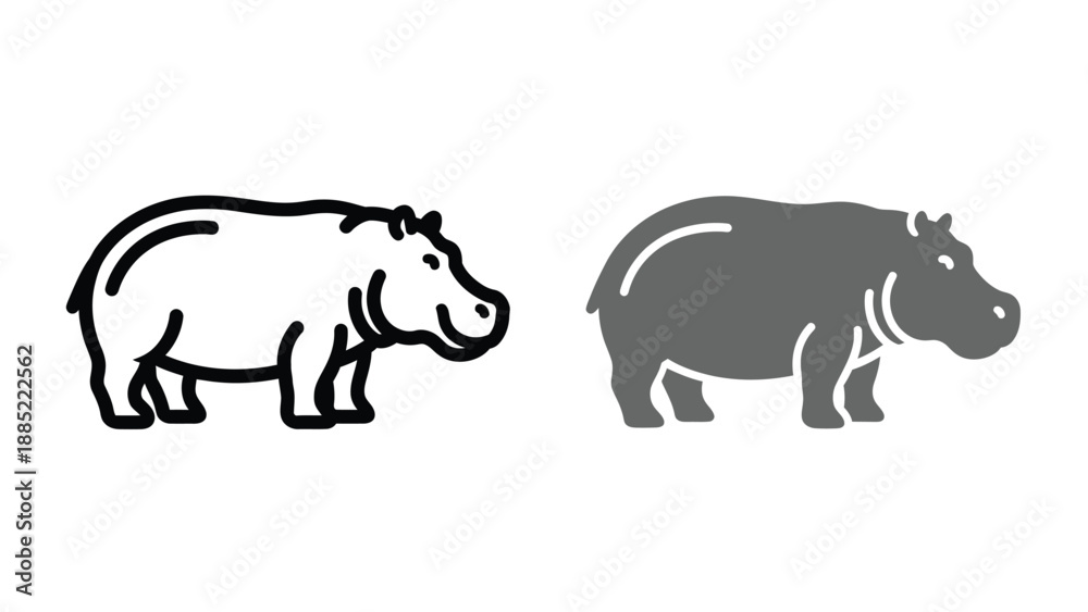 Fototapeta premium Vector icon set depicting two distinct styles of a hippopotamus silhouette one outline drawing and one filled gray shape for various design uses