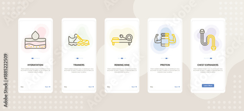 onboarding screen template for fitness mobile app ui with hydratation, trainers, rowing hine, protein, chest expanders icons.