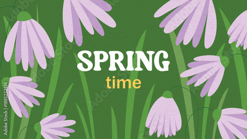Spring time banner with purple flowers. Blooming crocuses on green textured background with greeting text. Horizontal floral template for posters, flyers, invitations, brochures. Vector graphic