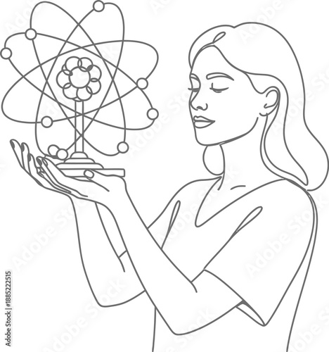 Woman's hands gently holding up a stylized atomic structure model representing scientific discovery and innovation in a minimalist line art drawing
