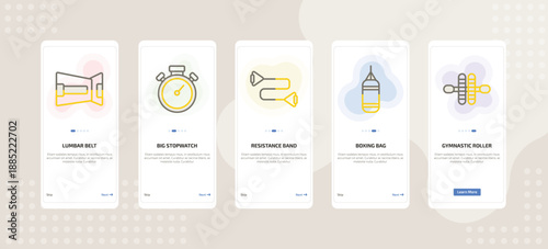onboarding screen template for fitness mobile app ui with lumbar belt, big stopwatch, resistance band, boxing bag, gymnastic roller icons.