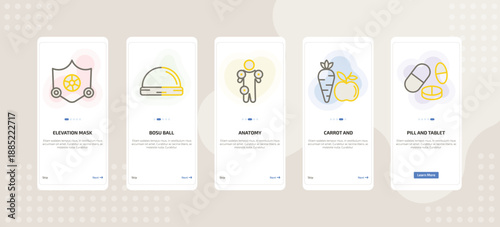 onboarding screen template for fitness mobile app ui with elevation mask, bosu ball, anatomy, carrot and, pill and tablet icons.