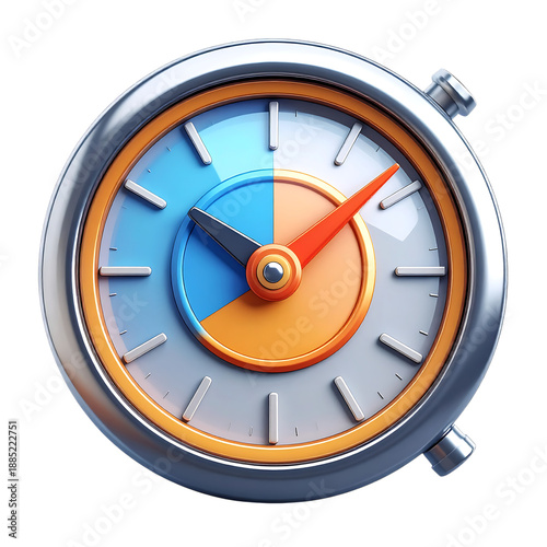 Stylized 3D Clock Icon with Blue and Orange Dial and Silver Bezel time
