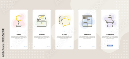 onboarding screen template for furniture mobile app ui with lamps, drawers, pillows, bookshelf, office chair icons.