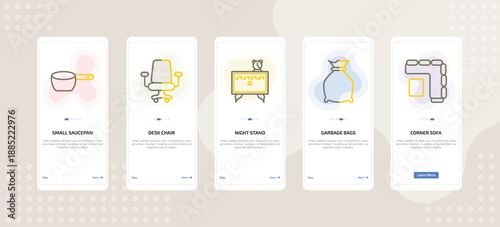 onboarding screen template for furniture mobile app ui with small saucepan, desk chair, night stand, garbage bags, corner sofa icons.