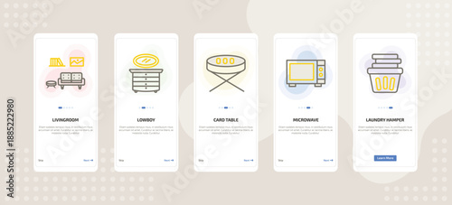 onboarding screen template for furniture mobile app ui with livingroom, lowboy, card table, microwave, laundry hamper icons.