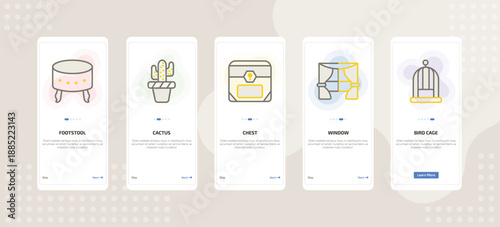 onboarding screen template for furniture mobile app ui with footstool, cactus, chest, window, bird cage icons.