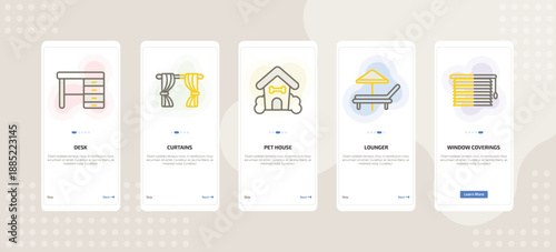 onboarding screen template for furniture mobile app ui with desk, curtains, pet house, lounger, window coverings icons.