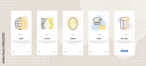 onboarding screen template for furniture mobile app ui with globe, curtain, mirror, towel, side table icons.