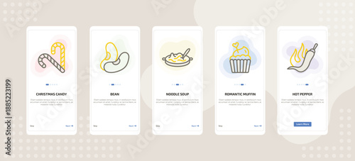 onboarding screen template for food mobile app ui with christmas candy sticks, bean, noodle soup, romantic muffin, hot pepper icons.