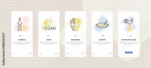 onboarding screen template for food mobile app ui with alcoholic, vegan, onion rings, luosifen, cocktail on a glass icons.