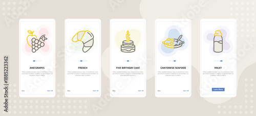 onboarding screen template for food mobile app ui with and grapes, french, five birthday cake, cantonese seafood soup, milky icons.