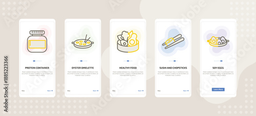 onboarding screen template for food mobile app ui with protein container, oyster omelette, healthy food, sushi and chopsticks, soy eggs icons.