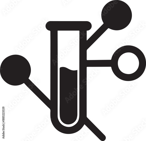 Test tube linking multiple reaction nodes, bold silhouette icon representing connected chemical research.