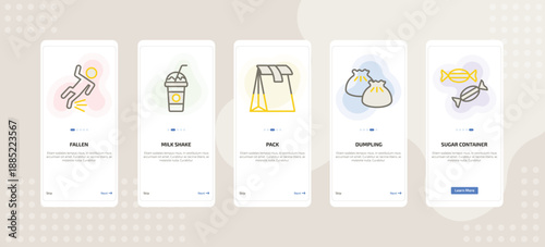 onboarding screen template for cuisine mobile app ui with fallen, milk shake, pack, dumpling, sugar container icons.