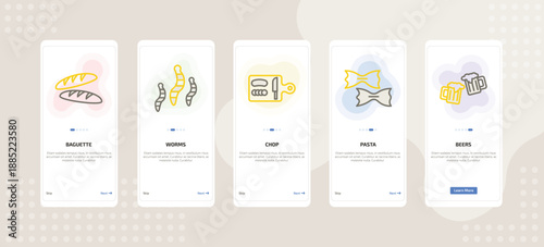 onboarding screen template for cuisine mobile app ui with baguette, worms, chop, pasta, beers icons.