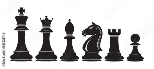 Creative set of chess piece silhouettes with king queen bishop knight rook and pawn graphic elements