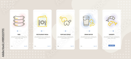 onboarding screen template for cuisine mobile app ui with ribs, restaurant menu, fortune cookie, drink water, shrimps icons.