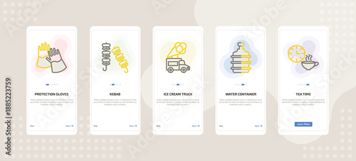 onboarding screen template for cuisine mobile app ui with protection gloves, kebab, ice cream truck, water container, tea time icons.