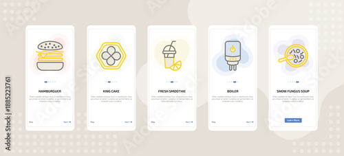 onboarding screen template for cuisine mobile app ui with hamburguer, king cake, fresh smoothie, boiler, snow fungus soup icons.