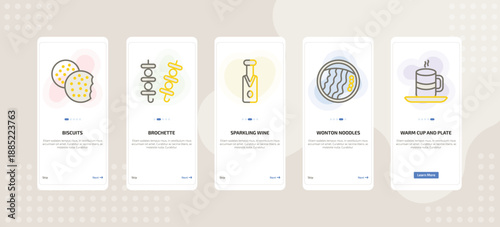 onboarding screen template for cuisine mobile app ui with biscuits, brochette, sparkling wine, wonton noodles, warm cup and plate icons.
