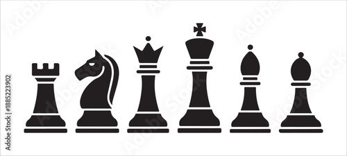 Chess pieces black rook knight queen king bishop set on white background vector graphic