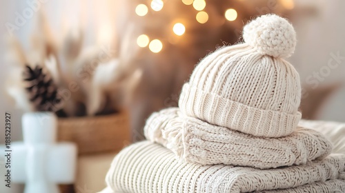 Cozy winter knitwear featuring a creamy white pom-pom beanie resting atop a neat stack of matching sweaters and warm scarves suggesting cold weather comfort and hygge lifestyle aesthetics.