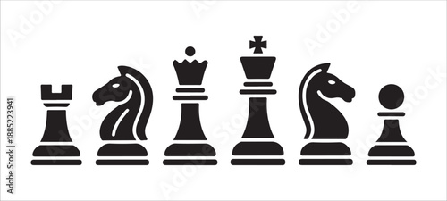 Minimalist chess piece silhouette collection featuring rook knight queen king and pawn vector design