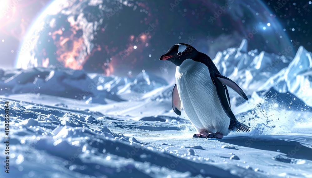 Fototapeta premium Penguin standing on icy terrain with a planet in the background.