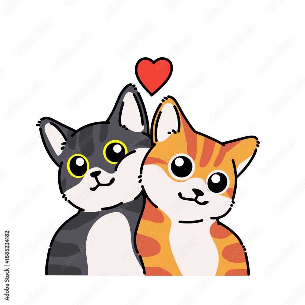 Fototapeta premium Adorable cartoon cat couple sitting together with a small heart above, symbolizing love, companionship, and romance in a colorful kawaii style.