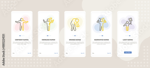 onboarding screen template for emotions mobile app ui with confident human, energized human, drained human, aggravated lucky icons.